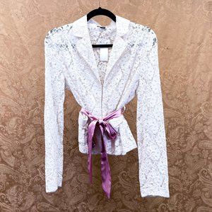 White Lace Top Layer Fitted Waist Blazer Ribbon Detail Wet Seal